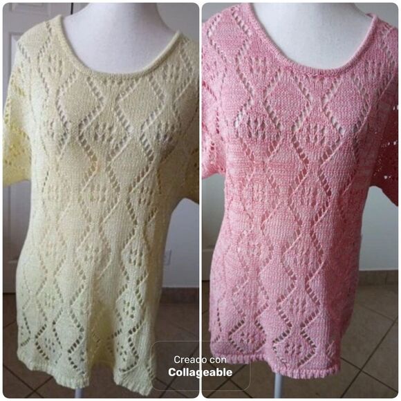 Set 2 Leo & Nicole Short Sleeve Pullover Crochet Sweater Open Knit Pink Yellow M - Picture 1 of 16